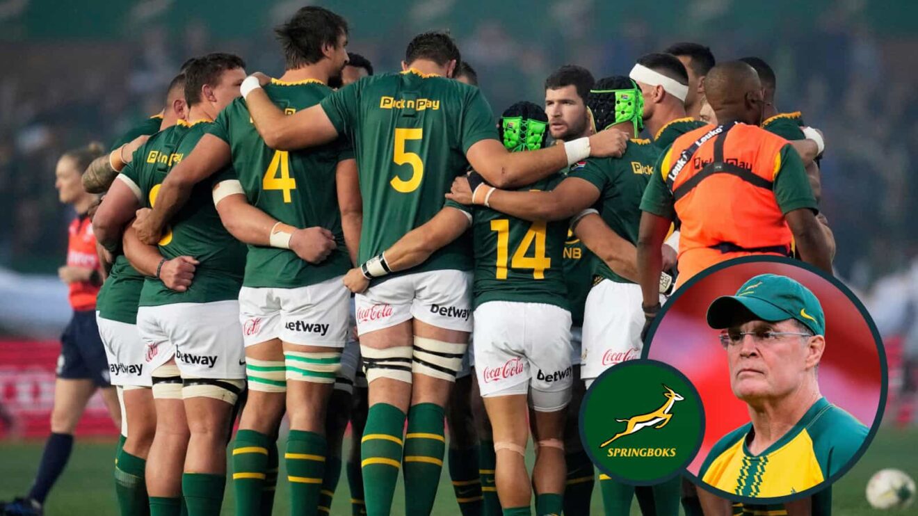 Springboks team in a huddle in 2025 and head coach Rassie Erasmus (inset).