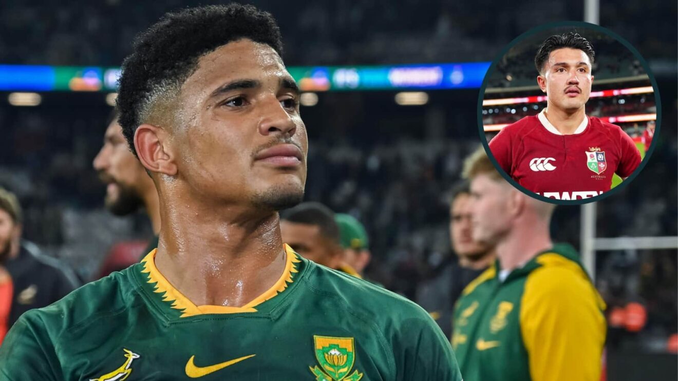 Springboks fly-half Sacha Feinberg-Mngomezulu and inset of playmaker Marcus Smith.