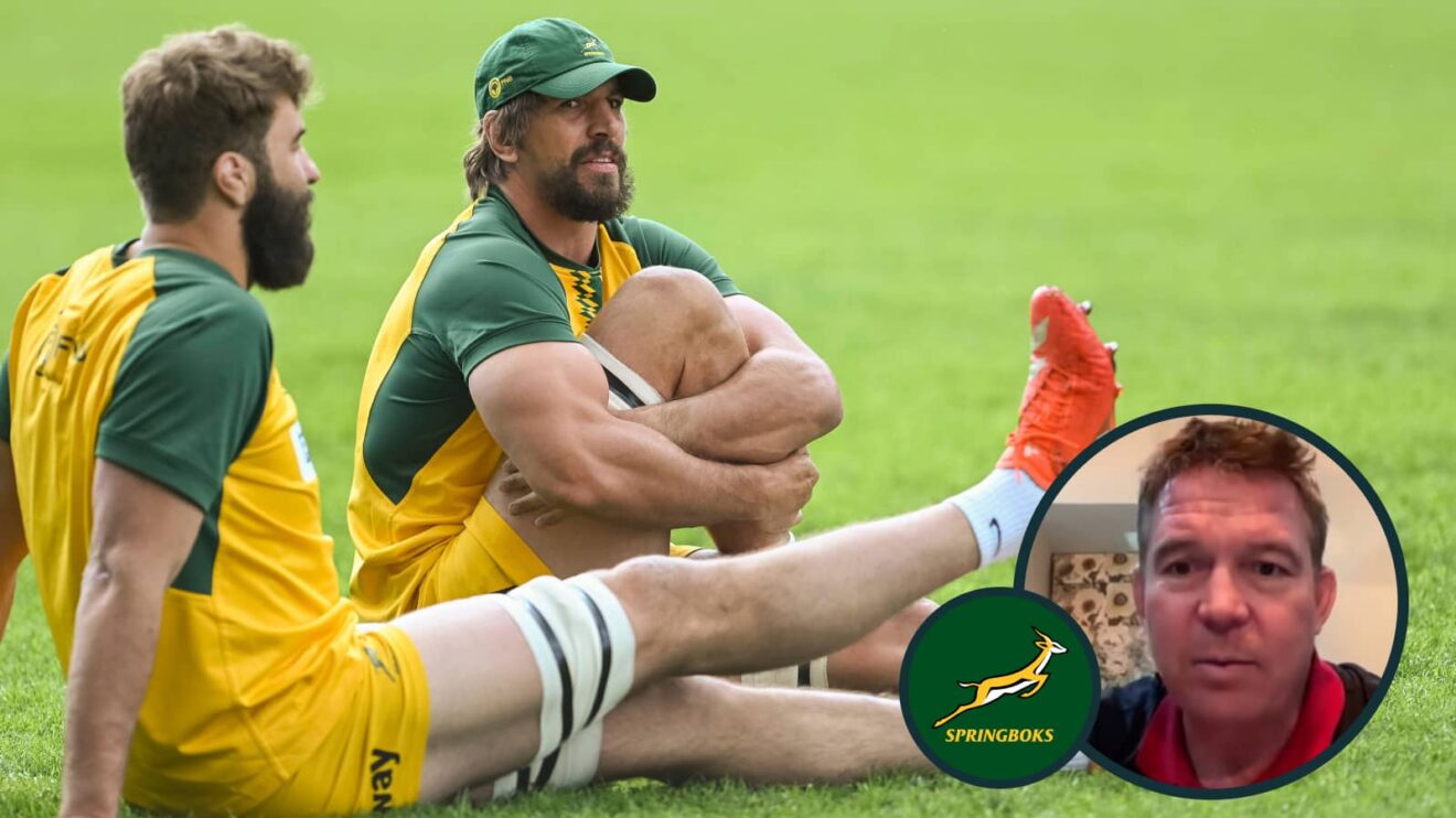 Eben Etzebeth and Lood de Jager in Springboks training, and South Africa legend John Smit (inset).