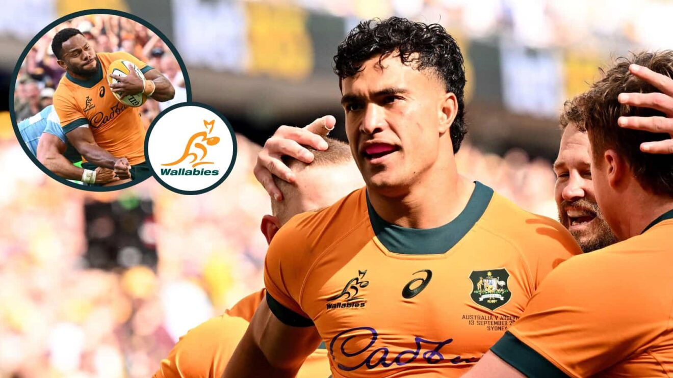 Wallabies Joseph-Aukuso Suaalii and an inset of Filipo Daugunu in action against Argentina