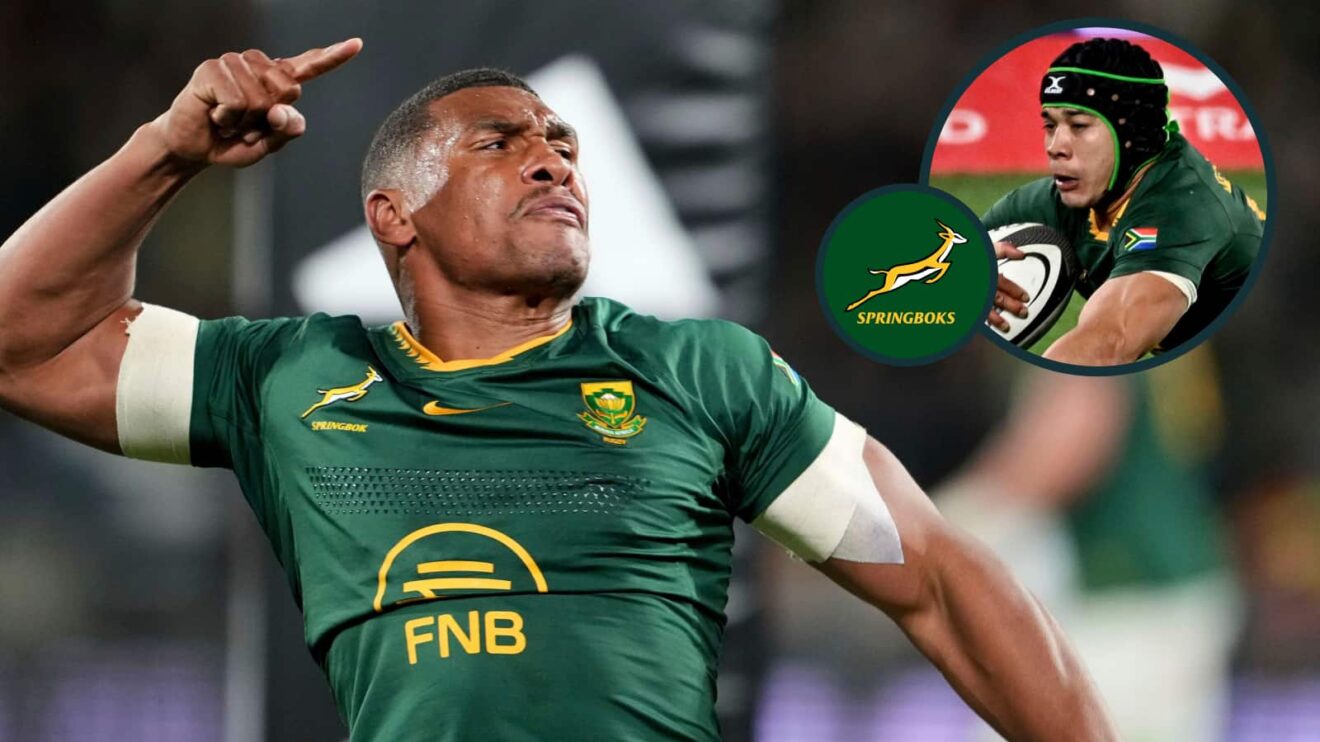 Springboks Damian Willemse and Cheslin Kolbe in action against the All Blacks