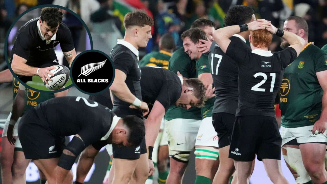 All Blacks players dejected after Springboks loss and debutant Leroy Carter going over for a try (inset).