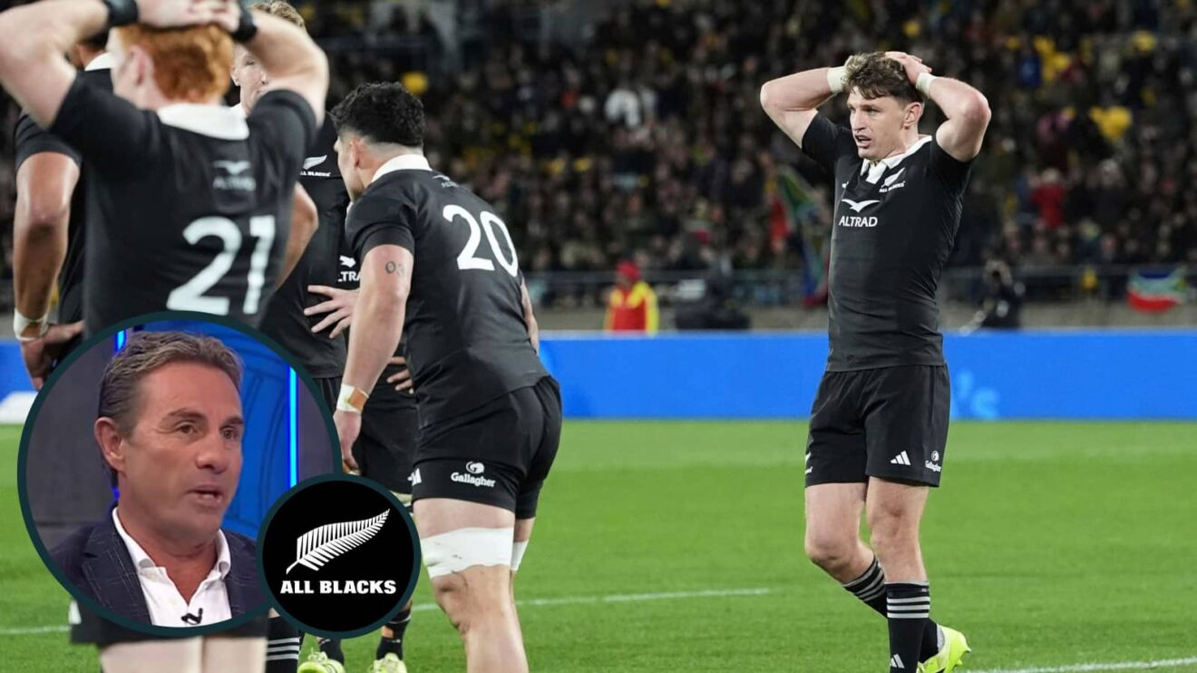 All Blacks players dejected during Springboks defeat and former scrum-half Justin Marshall (inset).