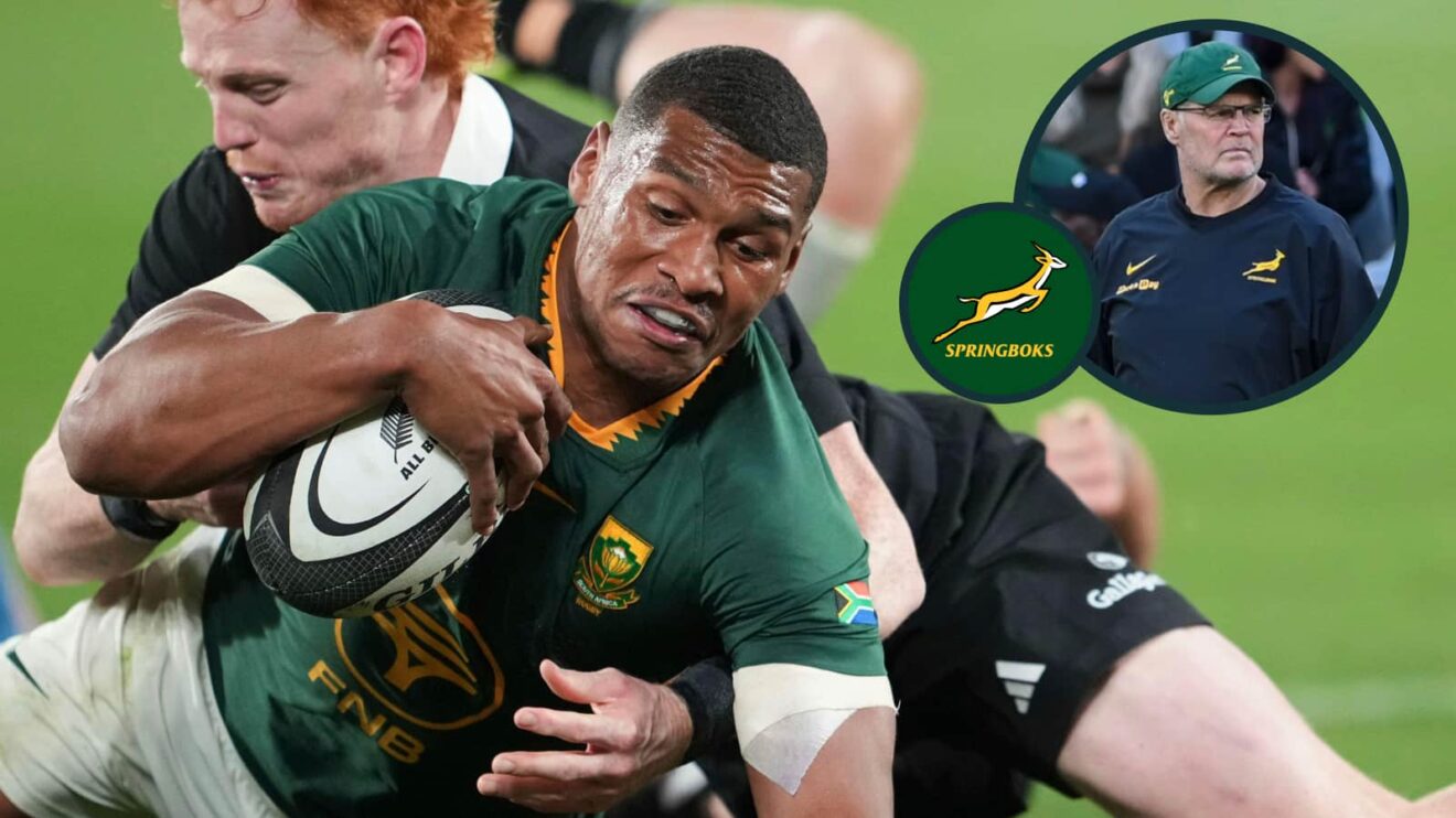 Springboks back Damian Willemse and an inset of head coach Rassie Erasmus.