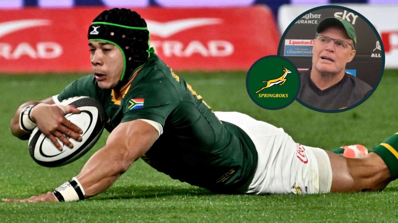 Springboks winger Cheslin Kolbe scores against the All Blacks and an inset of head coach Rassie Erasmus.