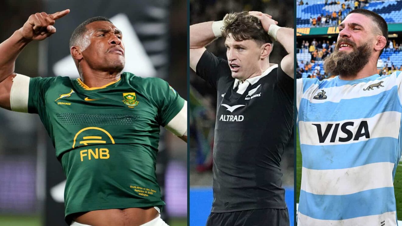 Springboks' Damian Willemse, Beauden Barrett of the All Blacks and Los Pumas forward Marcos Kremer.