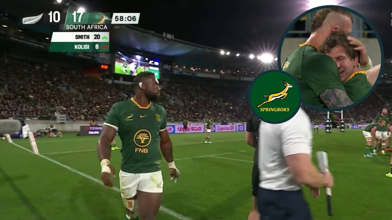 Springboks captain Siya Kolisi and an inset of Kwagga Smith against the All Blacks in Wellington.