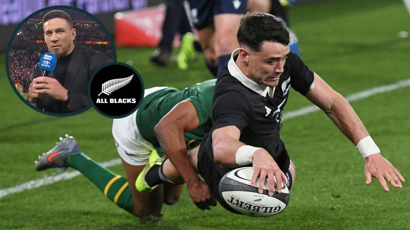 All Blacks winger Will Jordan in action against the Springboks and an inset of ex-midfielder Sonny Bill Williams.