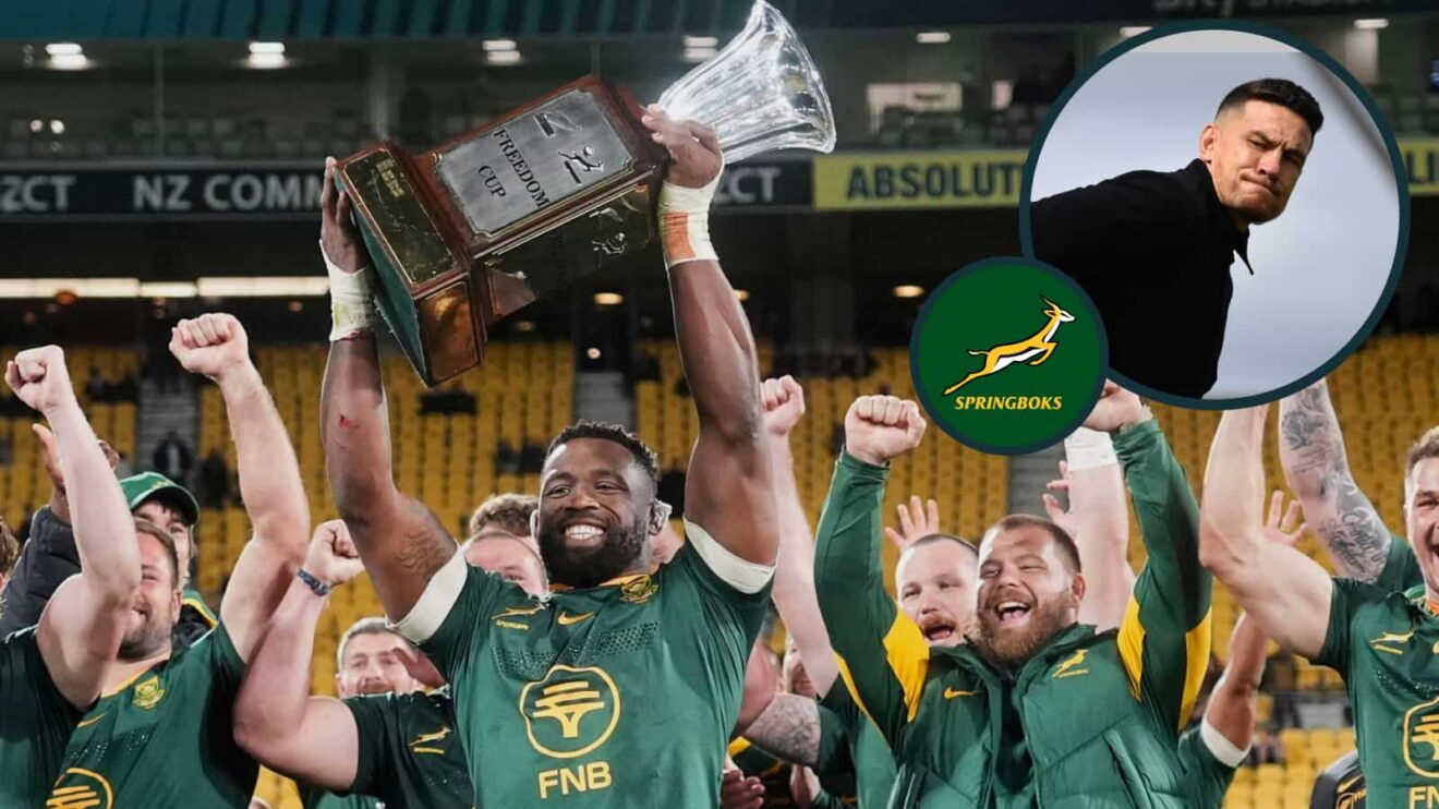 Springboks captain Siya Kolisi with the Freedom Cup and an inset of ex-All Blacks centre Sonny Bill Williams.