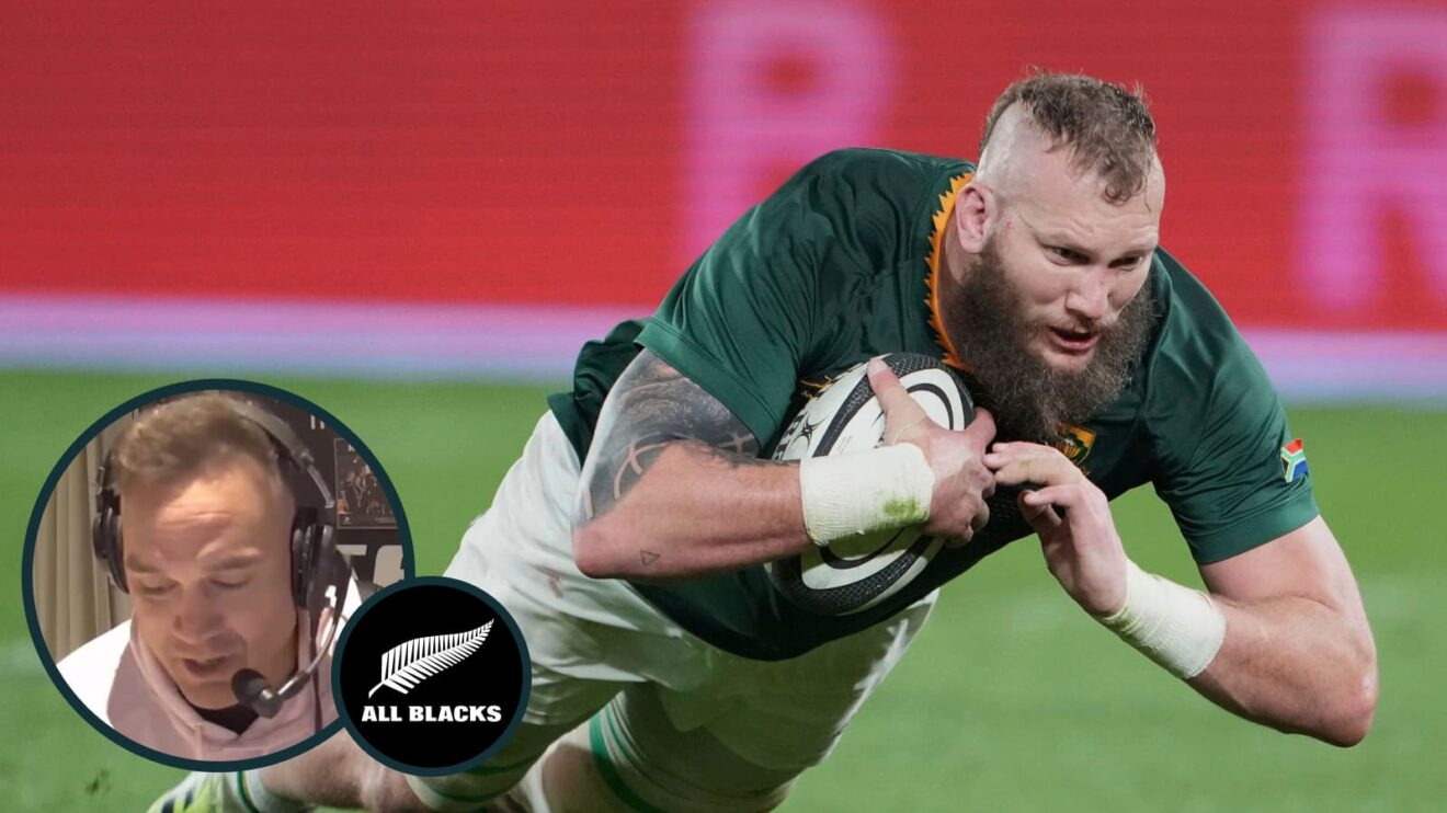 RG Snyman scoring try against the All Blacks and former New Zealand star Israel Dagg (inset).