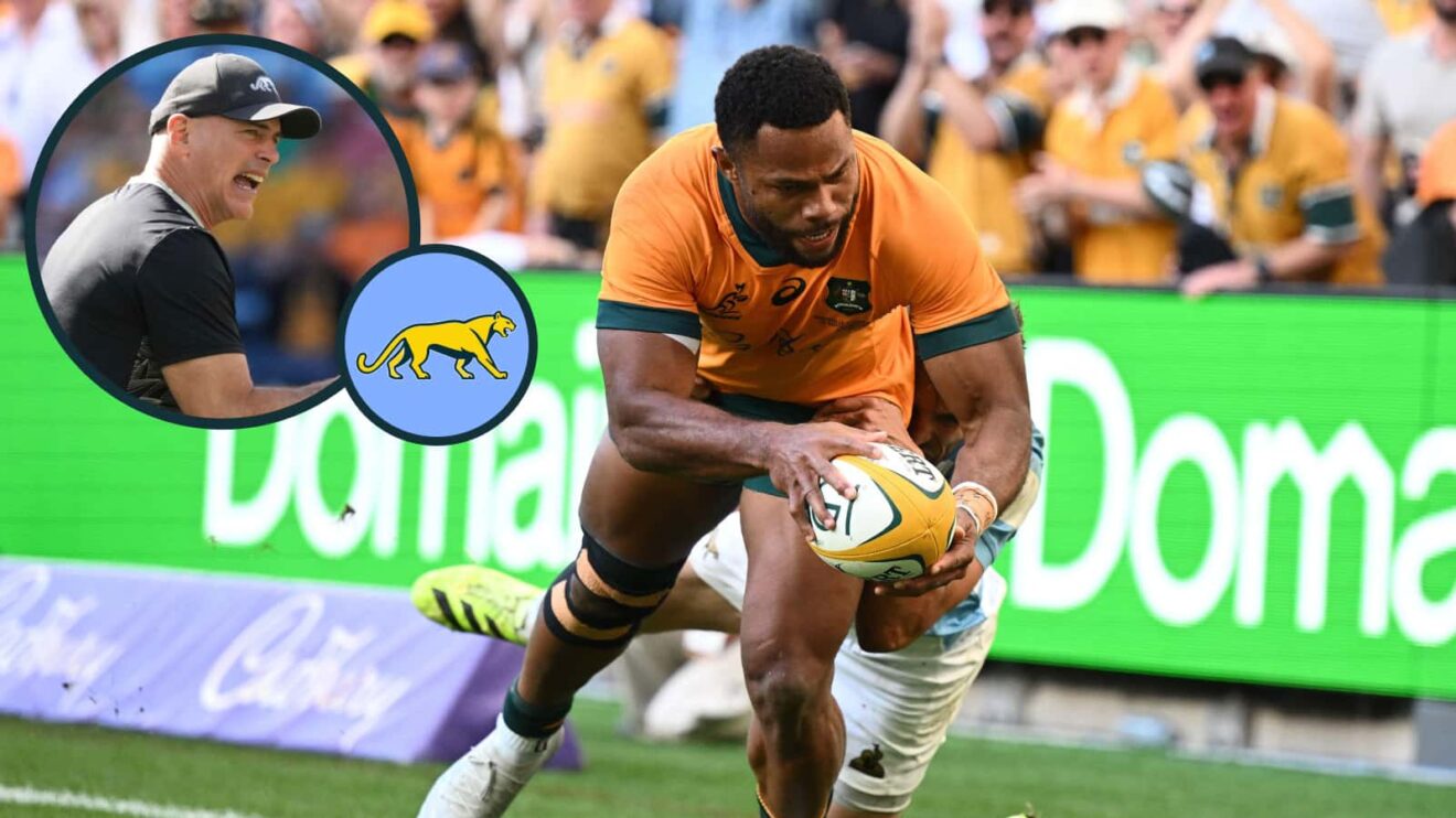 Filipo Daugunu of Australia and an inset of Argentina coach Felipe Contepomi.