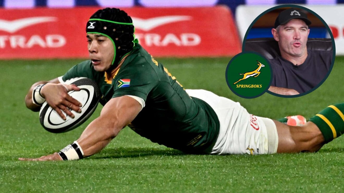 Springboks star Cheslin Kolbe's first try v All Blacks in Wellington in 2025 and ex-New Zealand fly-half Stephen Donald (inset).