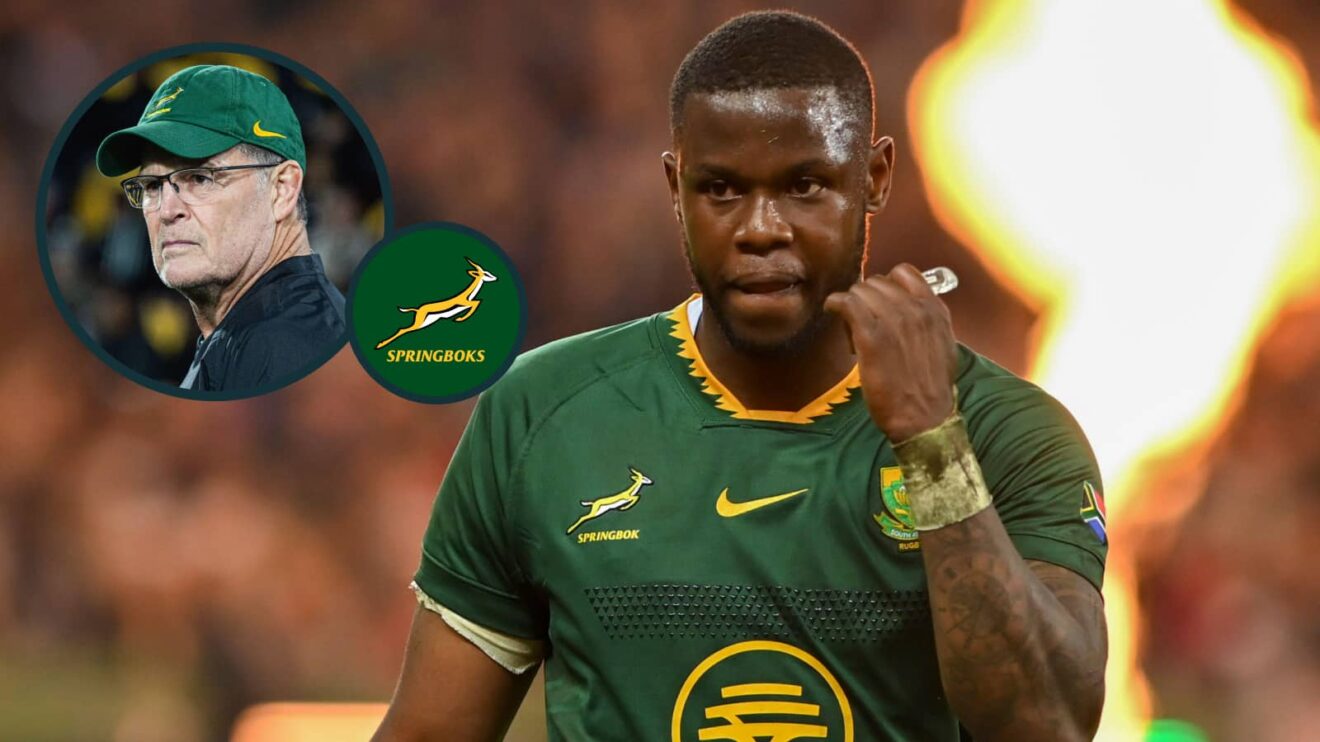 Springboks full-back Aphelele Fassi (image via: Darren Stewart, Steve Haag Sports) and an inset of head coach Rassie Erasmus (Photo by James Foy/Speed Media/Icon Sportswire)