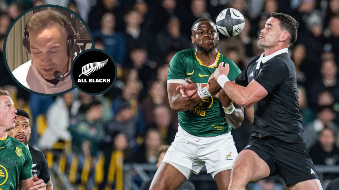 Will Jordan and Aphelele Fassi competing for a high ball, and All Blacks great Israel Dagg (inset).
