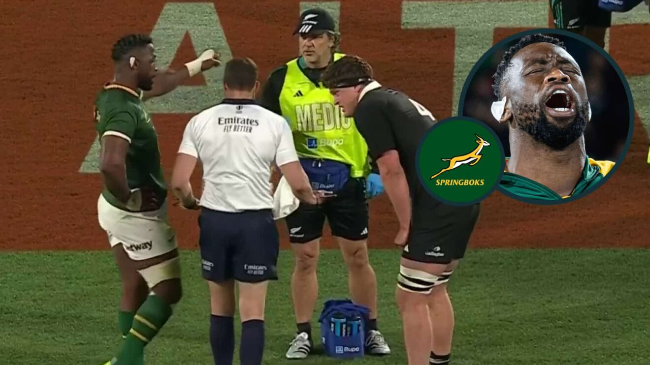 Springboks captain Siya Kolisi and All Blacks skipper Scott Barrett chat with referee Nika Amashukeli and an inset of the former (Photo by James Foy/Speed Media/Icon Sportswire)