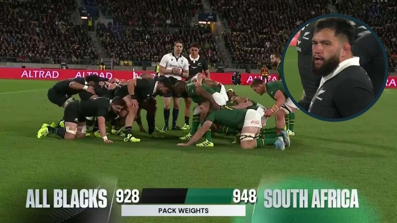 All Blacks and Springboks scrum with an inset of tighthead prop Tyrel Lomax.