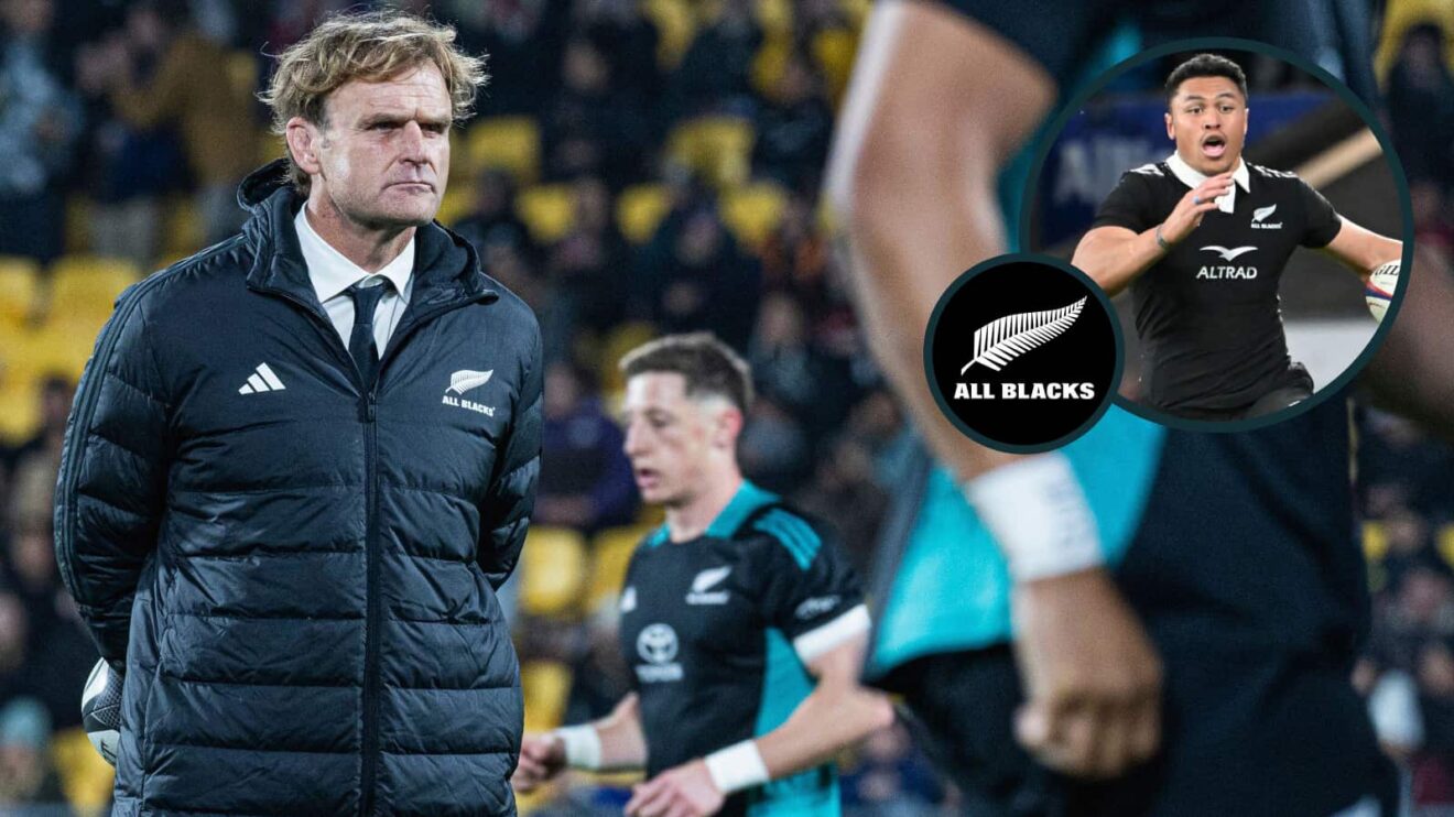 All Blacks head coach Scott Robertson and wing Caleb Clarke (inset).