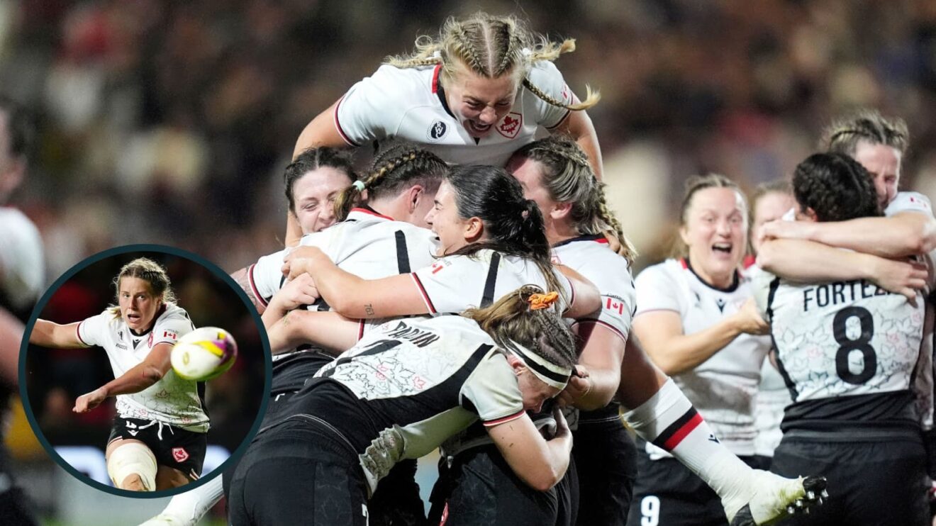 Canada celebrate Women's Rugby World Cup semi-final win over New Zealand.