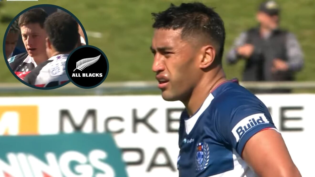 Rieko Ioane in action for Auckland and an inset of Cam Roigard after scoring on his return from injury.