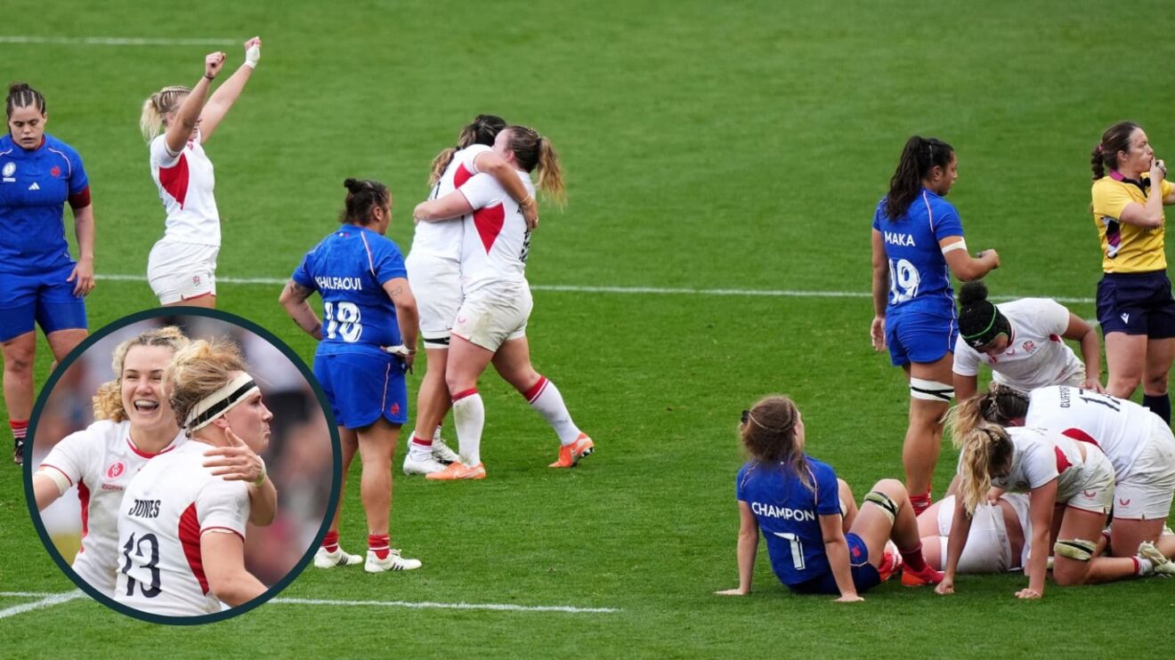 England celebrate Women's Rugby World Cup semi-final win over France.