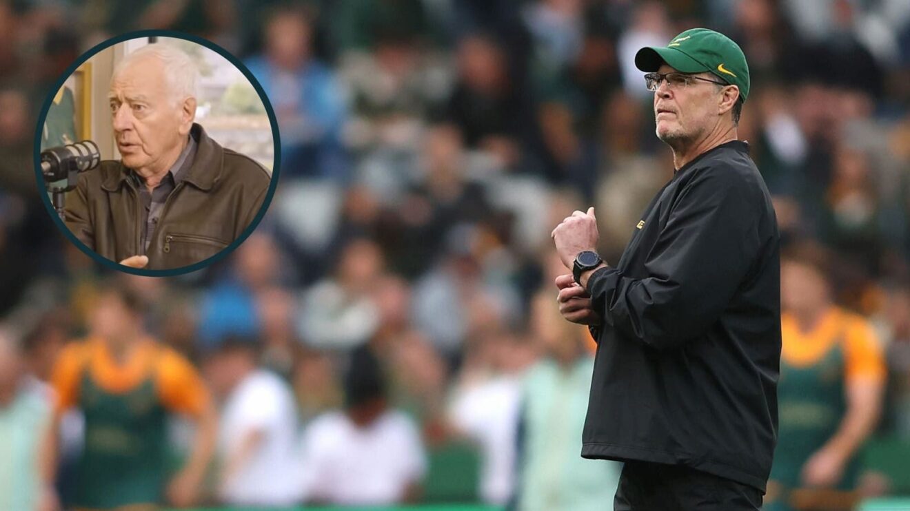 Springboks head coach Rassie Erasmus and former All Blacks boss Laurie Mains (inset).