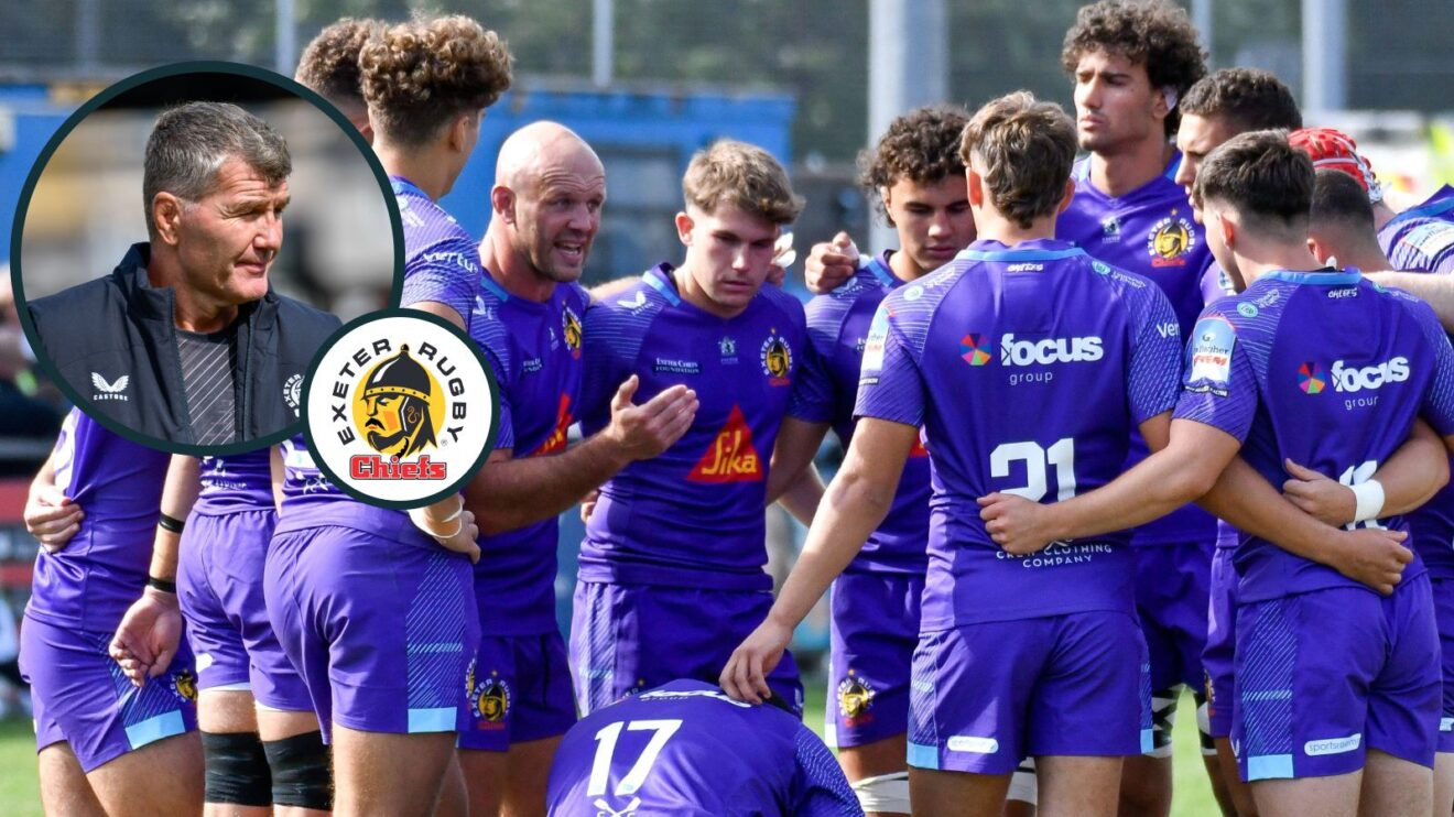 A two layered image of Rob Baxter and Exeter Chiefs players in pre-season.