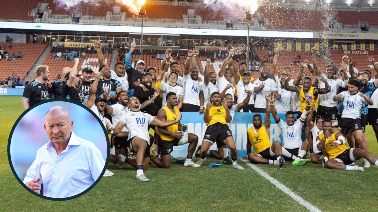 Fiji celebrate Pacific Nations Cup final win against Japan.