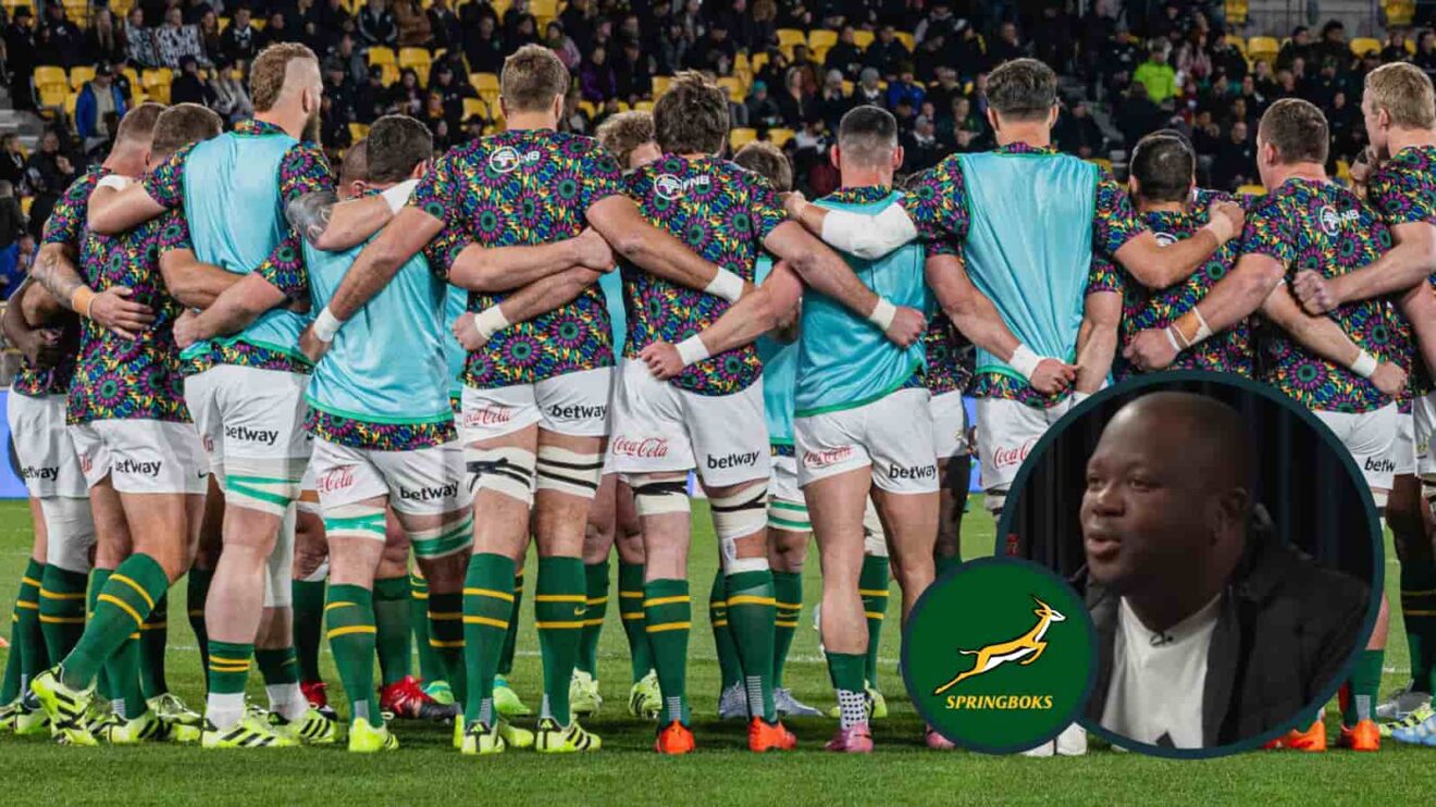 Springboks team in a huddle and former hooker Hanyani Shimange (inset).