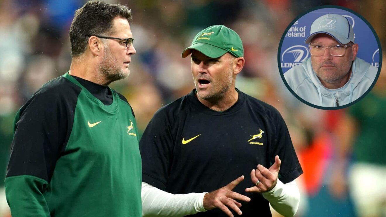 Rassie Erasmus and Jacques Nienaber at the 2023 Rugby World Cup and an inset of the latter at Leinster.