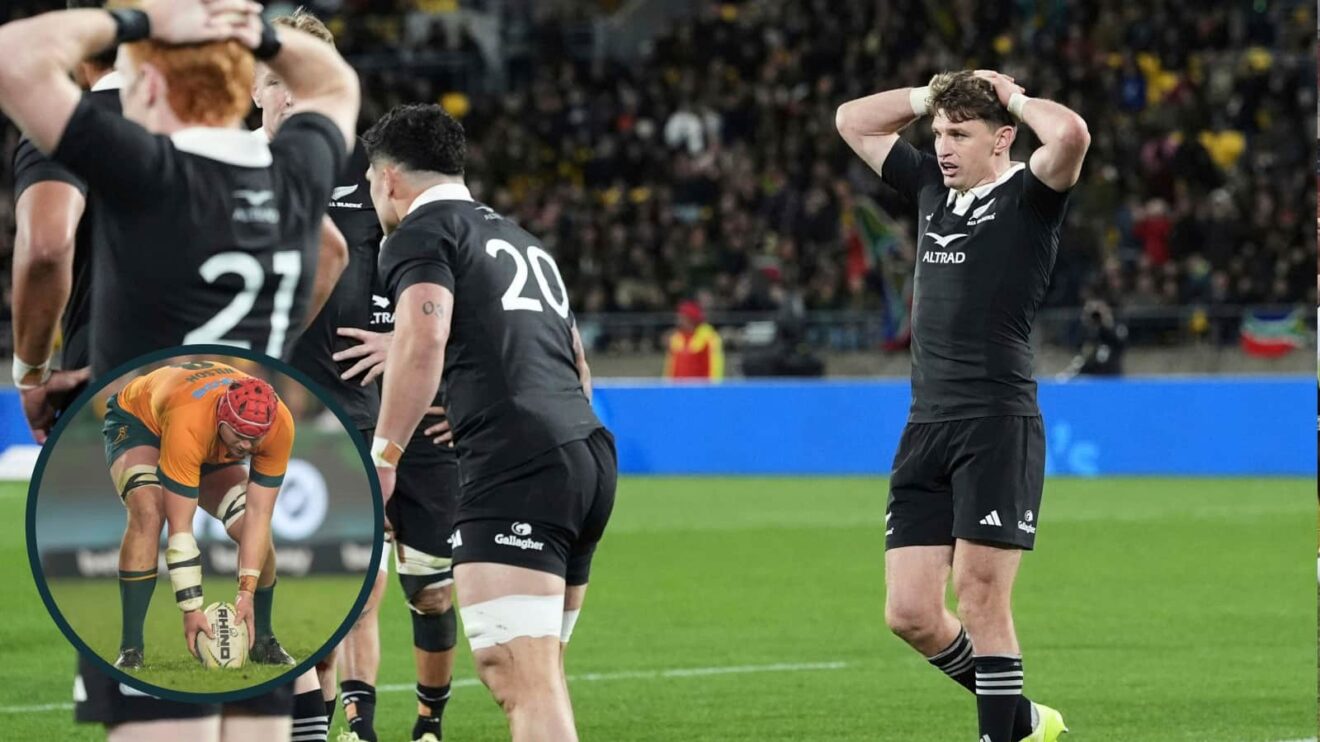All Blacks dejected after Springboks defeat and Harry Wilson scoring try (inset) during Wallabies' epic comeback win over South Africa.