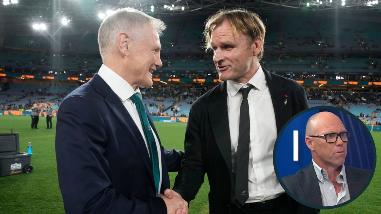 Joe Schmidt and Scott Robertson shake hands in 2024, and former All Blacks star Jeff Wilson (inset).