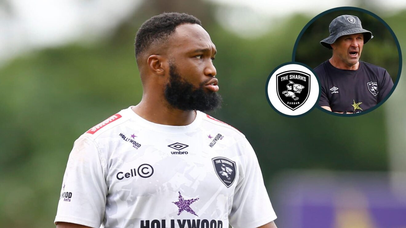 Sharks centre Lukhanyo Am and an inset of head coach John Plumtree (Photos by Steve Haag Sports)