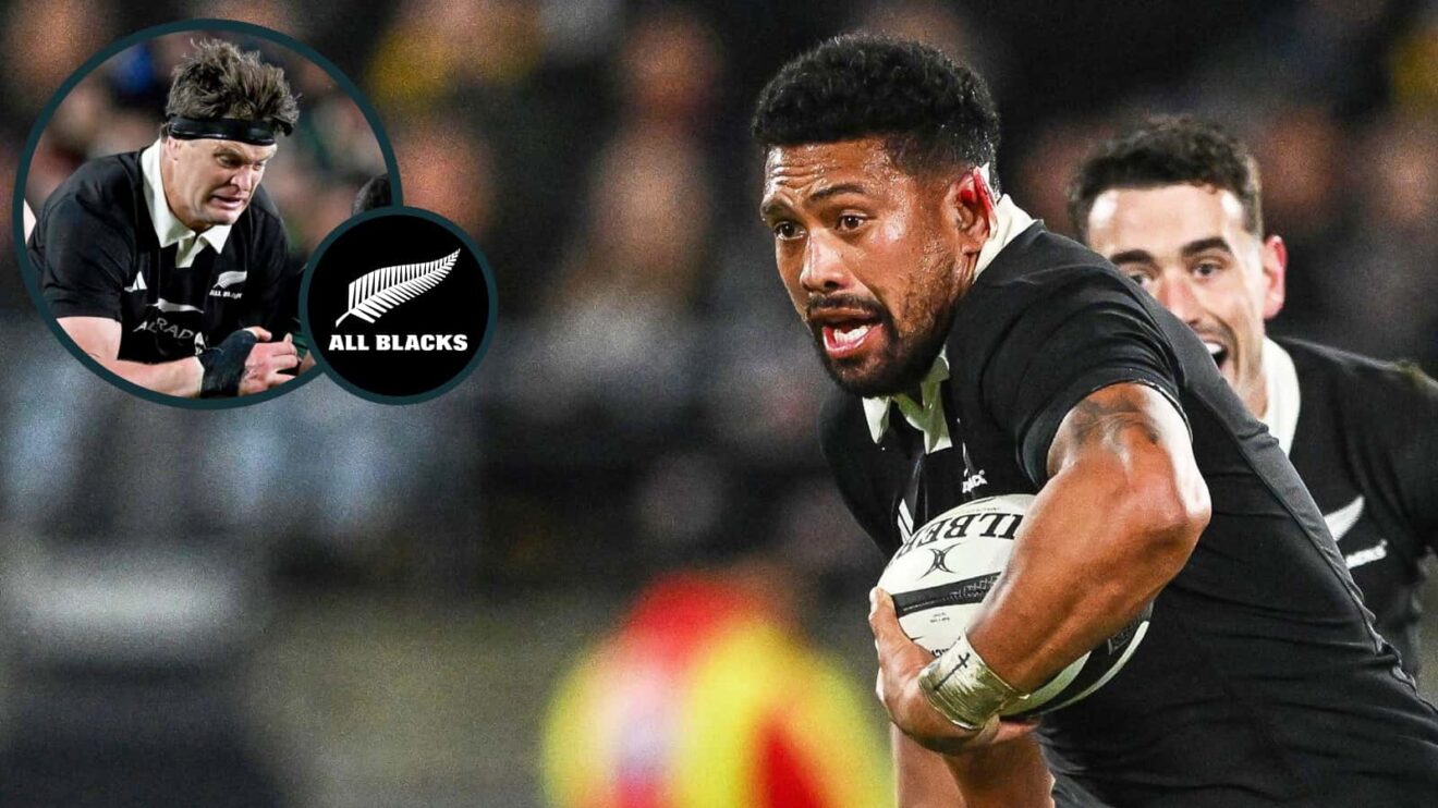 Ardie Savea and Scott Barrett (inset) in action for the All Blacks in 2025.