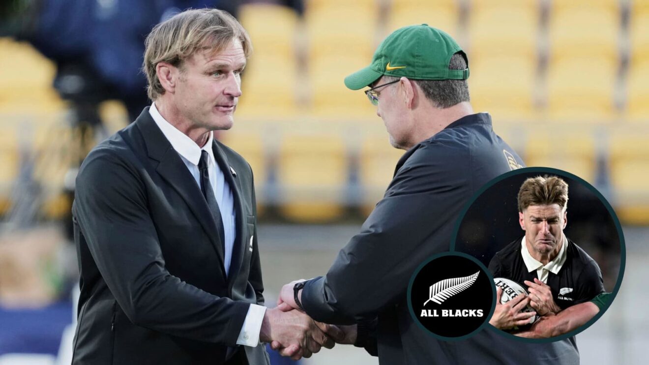 All Blacks boss Scott Robertson shaking hands with Springboks head coach Rassie Erasmus, and New Zealand back Jordie Barrett (inset).