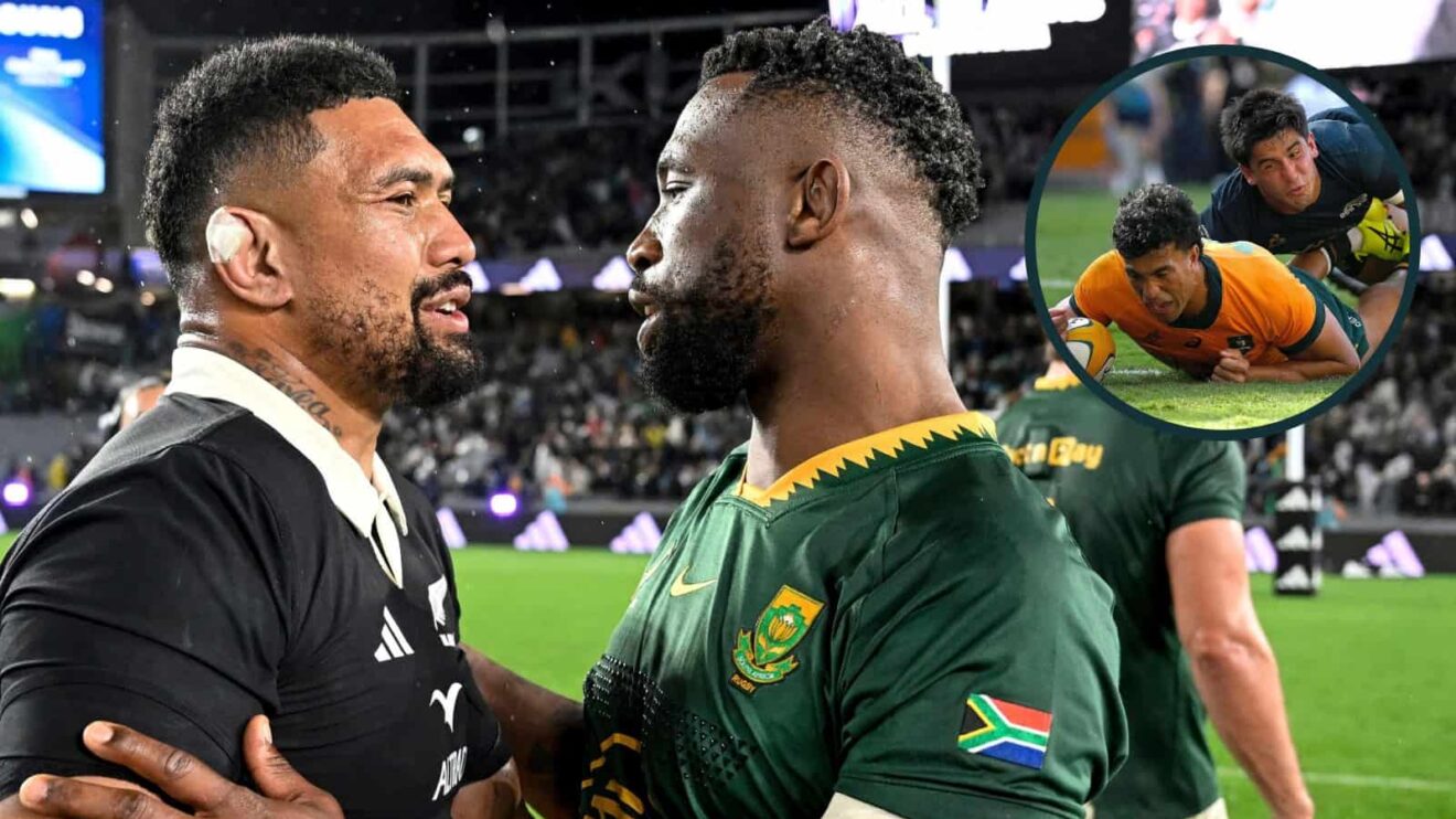 Springboks and All Blacks stars Siya Kolisi and Ardie Savea with an inset of Australia's Joseph-Aukuso Suaalii scoring against Argentina.