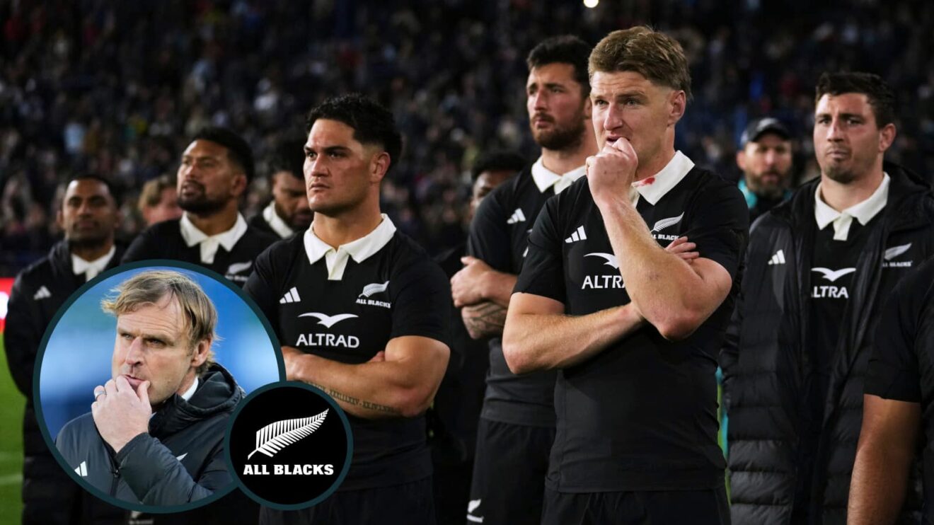 All Blacks players dejected and head coach Scott Robertson (inset).