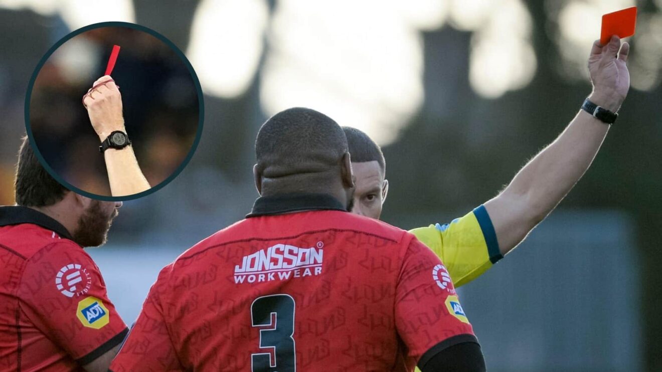 Asenathi Ntlabakanye receives a red card from Referee Craig Evans during the United Rugby Championship.