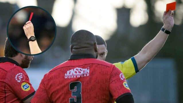 Asenathi Ntlabakanye receives a red card from Referee Craig Evans during the United Rugby Championship.