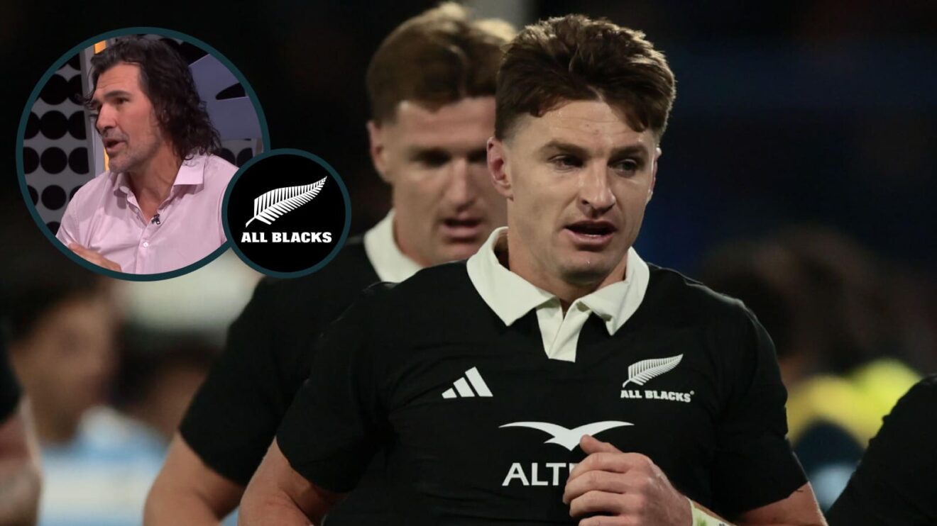 All Blacks playmaker Beauden Barrett and an inset of ex-Springboks lock Victor Matfield.