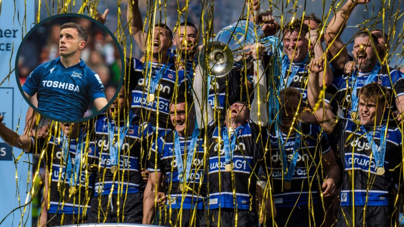 A two layered image of Bath celebrating their title win and George Ford