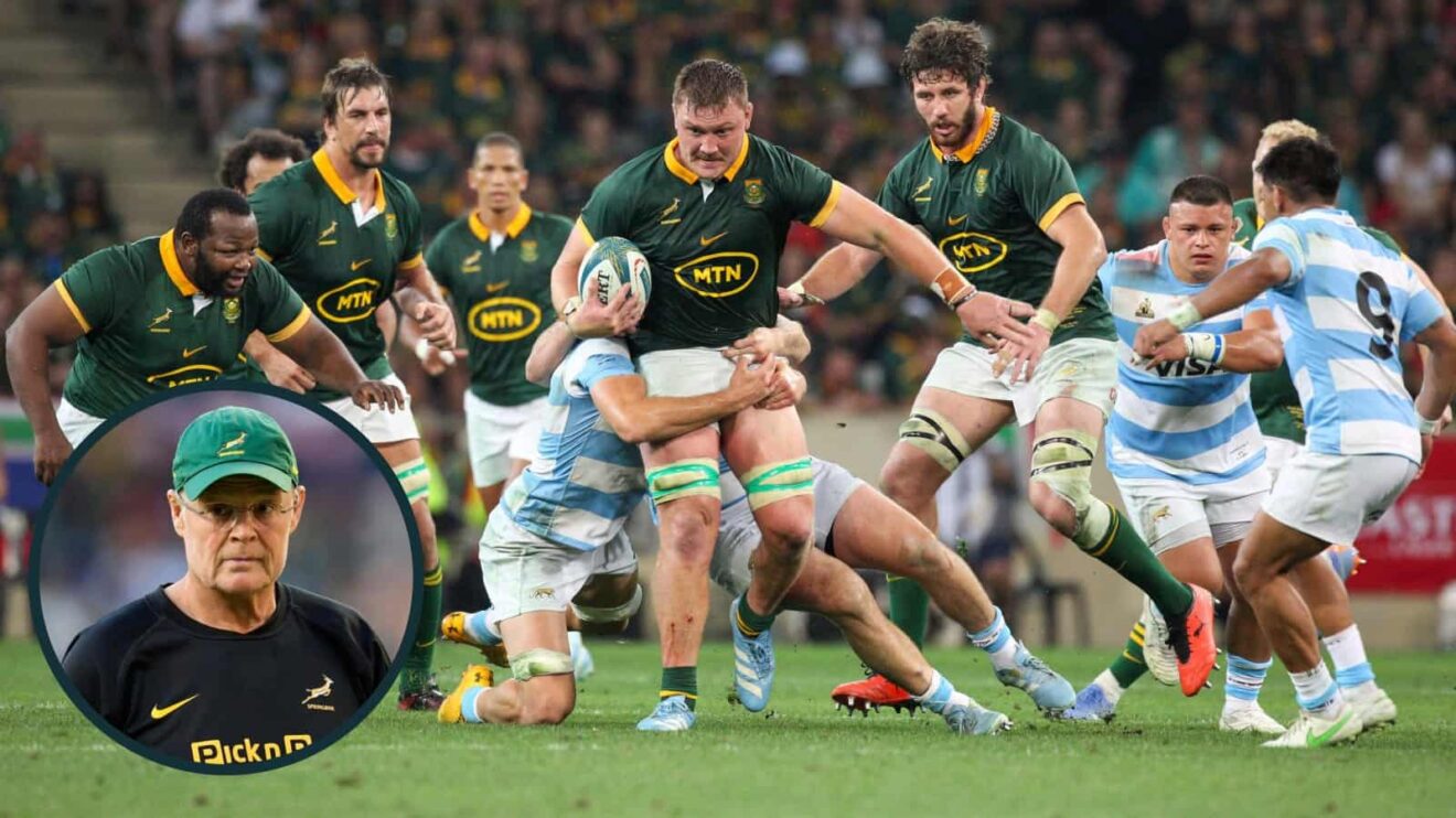 Springboks taking on Argentina in the Rugby Championship, and South Africa head coach Rassie Erasmus (inset).