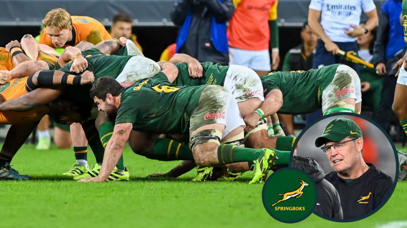 Springboks pack scrummaging and head coach Rassie Erasmus (inset).