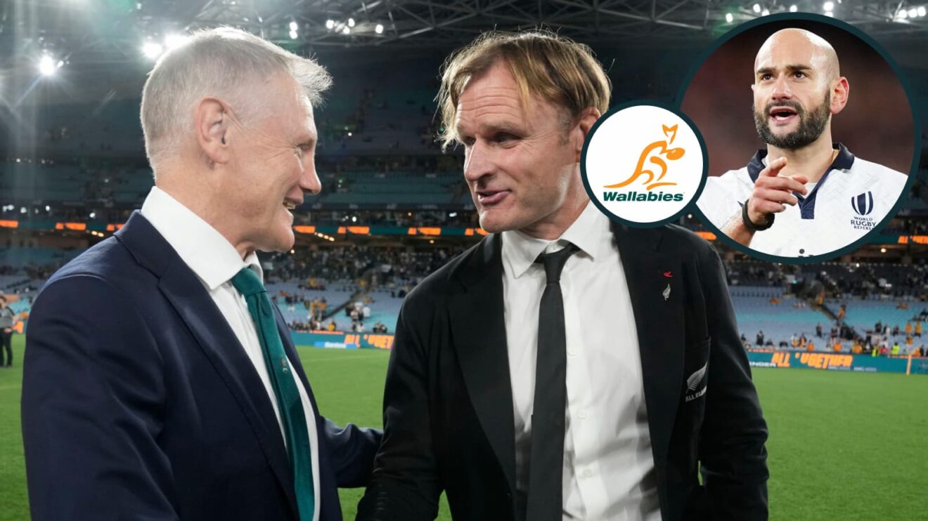 Wallabies boss Joe Schmidt talking to All Blacks head coach Scott Robertson.