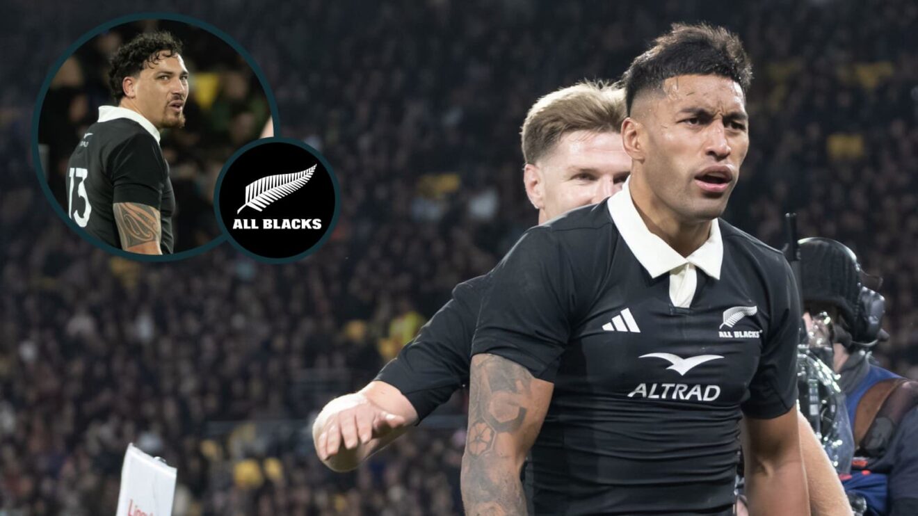 Rieko Ioane and Billy Proctor (inset) in action for the All Blacks in 2025.