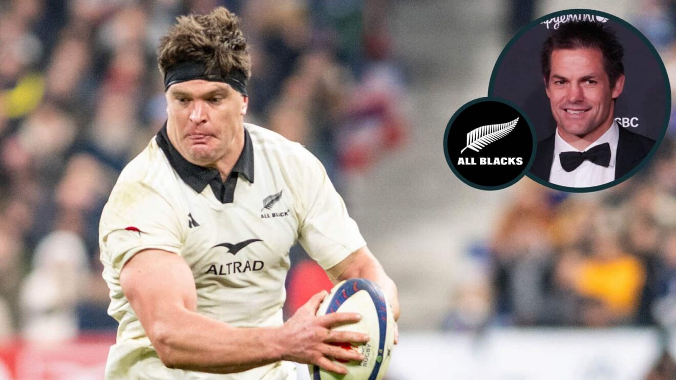 Current All Blacks captain Scott Barrett and double Rugby World Cup-winning skipper Richie McCaw (inset).