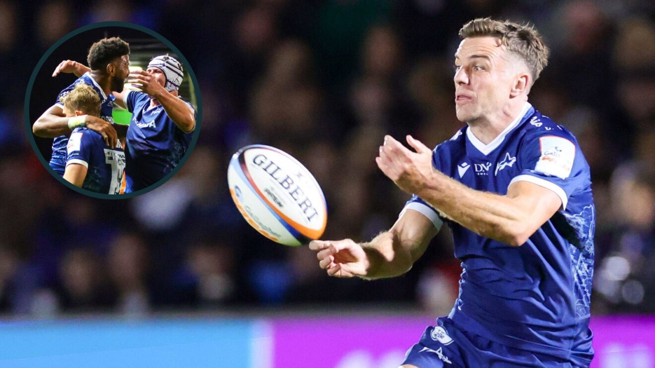 George Ford in action for Sale and the Sharks celebrate Hyron Andrews' try against Gloucester (inset).
