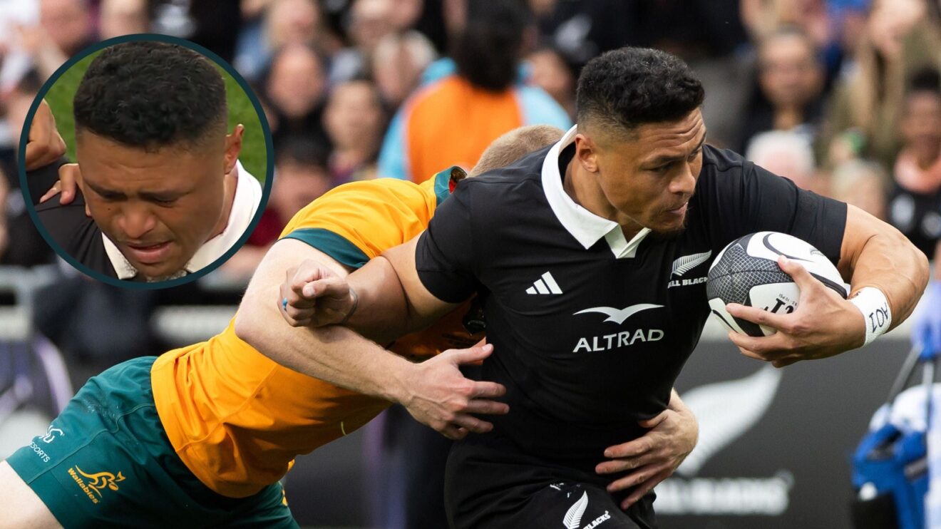 Caleb Clarke scoring the first try v the Wallabies at Eden Park and also crying during the anthems (inset).