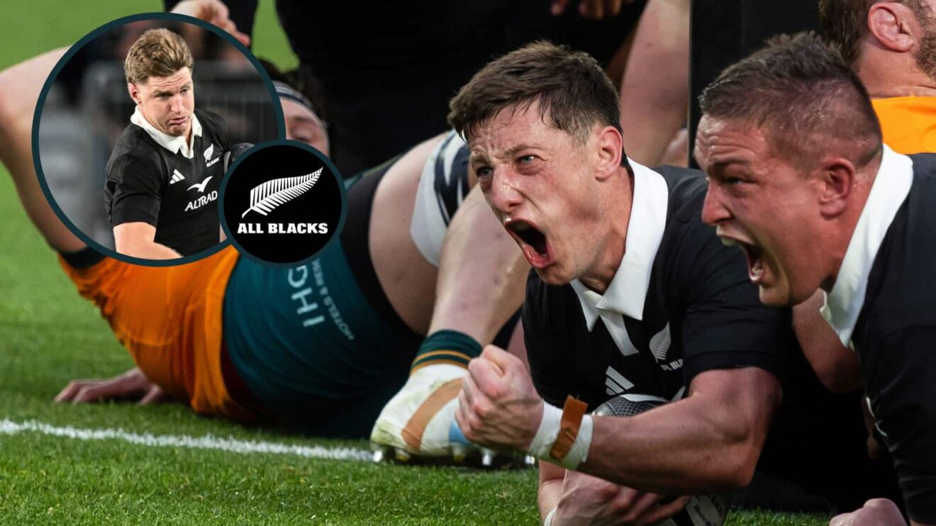Cam Roigard celebrates try against the Wallabies and Jordie Barrett in action for the All Blacks (inset).