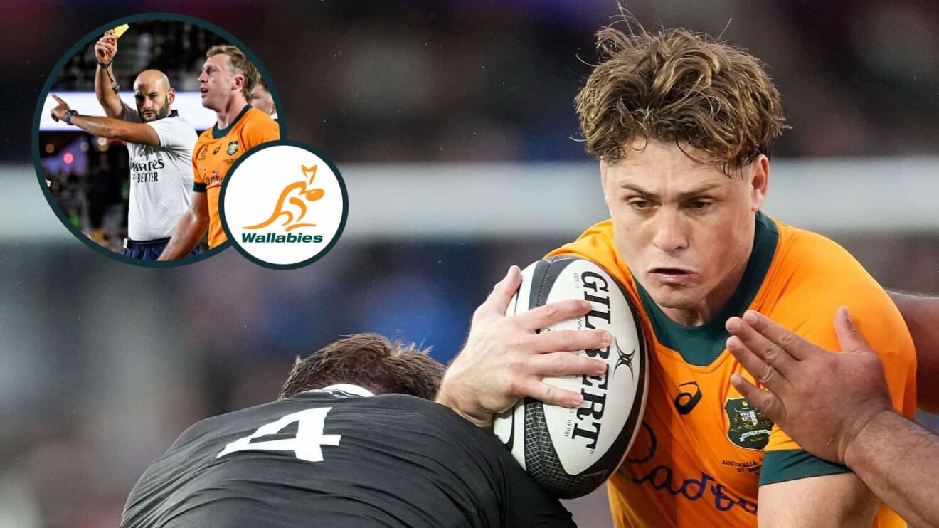 James O'Connor in action for the Wallabies against the All Blacks and Harry Potter yellow carded by referee Andrea Piardi.