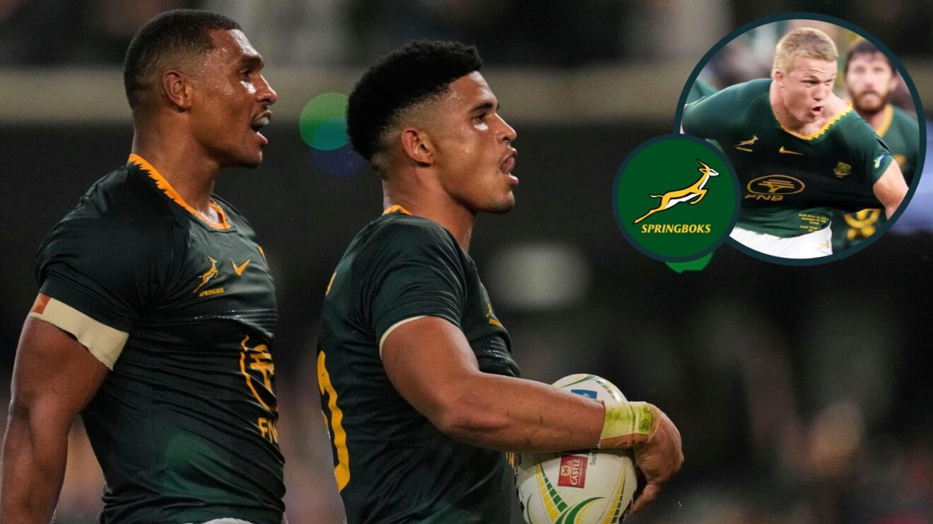 Sacha Feinberg-Mngomezulu and Pieter-Steph du Toit (inset) in action for the Springboks against Argentina.